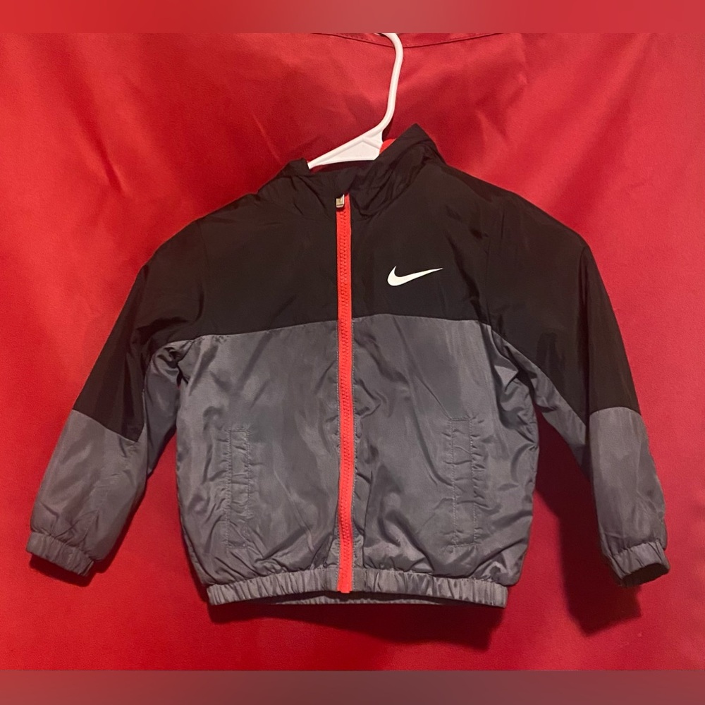 Nike Kids Black and Gray Raincoat with Red Accents
